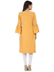 Yellow 3/4th sleeve crepe kurta with Dori work at yoke
