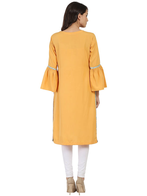 Yellow 3/4th sleeve crepe kurta with Dori work at yoke