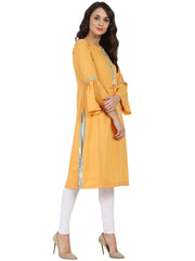 Yellow 3/4th sleeve crepe kurta with Dori work at yoke