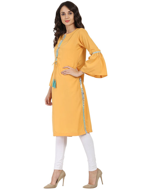 Yellow 3/4th sleeve crepe kurta with Dori work at yoke
