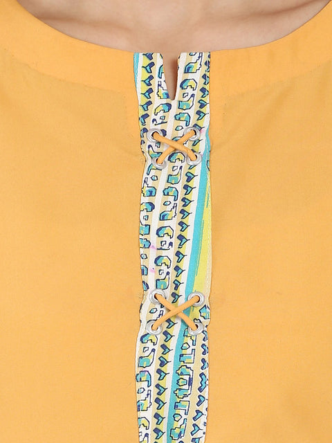 Yellow 3/4th sleeve crepe kurta with Dori work at yoke