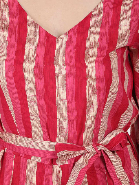 Red printed 3/4th sleeve cotton Jumpsuit