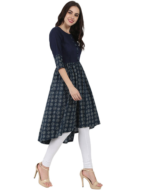 Blue printed 3/4th sleeve cotton Anarkali kurta