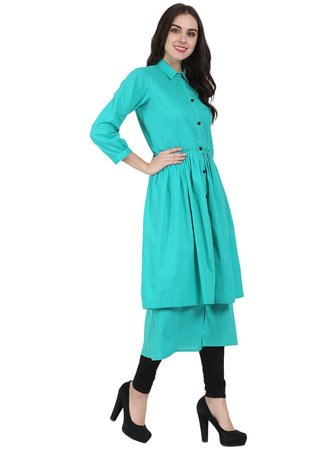 Sea Green 3/4th sleeve cotton layerd anarkali kurta
