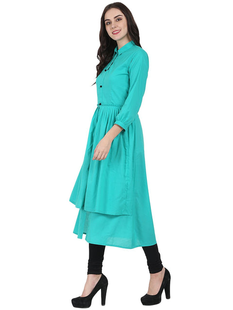 Sea Green 3/4th sleeve cotton layerd anarkali kurta