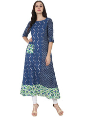 Blue printed 3/4th cotton A-line kurta with side pocket