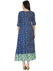 Blue printed 3/4th cotton A-line kurta with side pocket