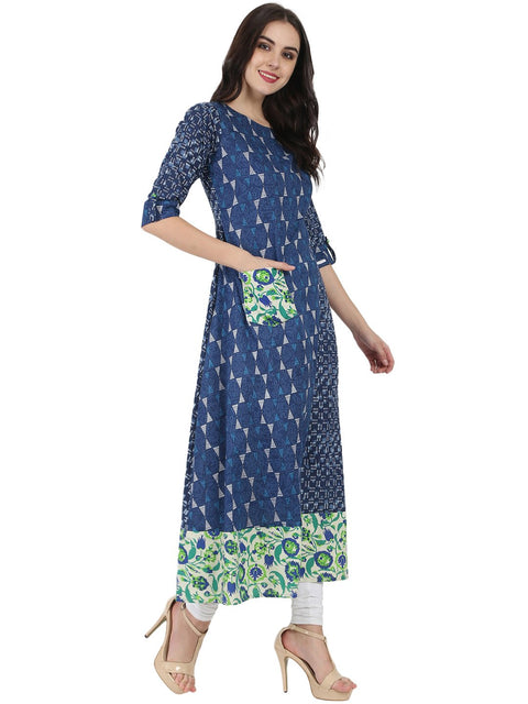 Blue printed 3/4th cotton A-line kurta with side pocket