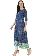Blue printed 3/4th cotton A-line kurta with side pocket