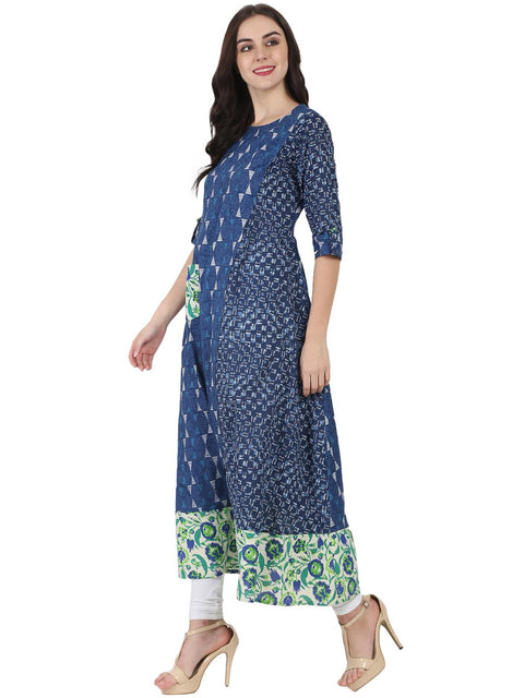 Blue printed 3/4th cotton A-line kurta with side pocket