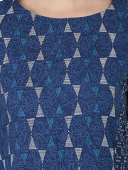 Blue printed 3/4th cotton A-line kurta with side pocket