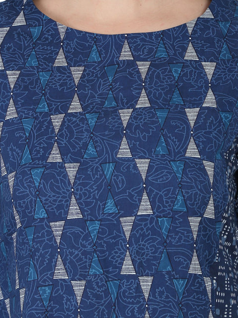 Blue printed 3/4th cotton A-line kurta with side pocket