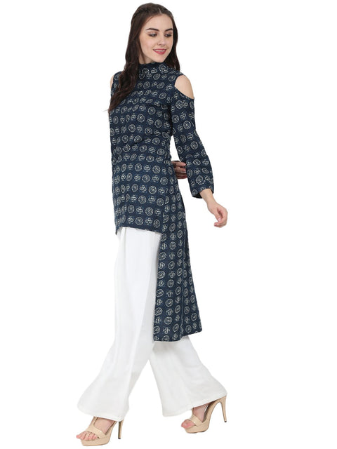 Blue printed 3/4th sleeve cold shoulder cotton tunic