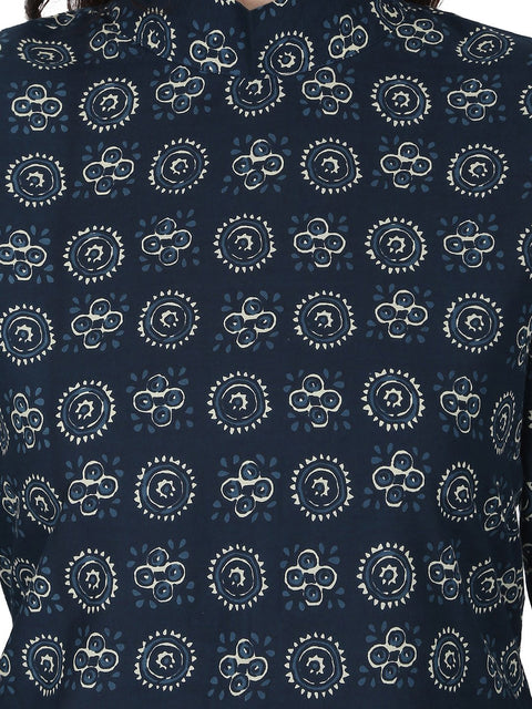 Blue printed 3/4th sleeve cold shoulder cotton tunic