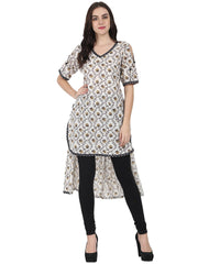 Off white printed half sleeve cotton low high kurta