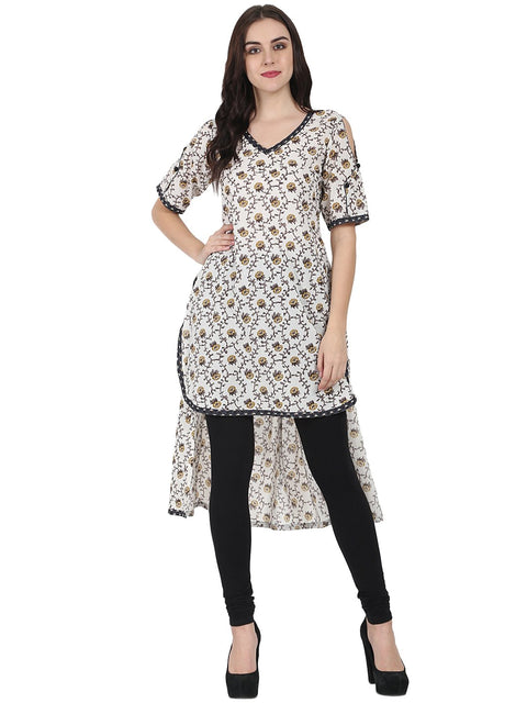 Off white printed half sleeve cotton low high kurta