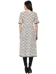 Off white printed half sleeve cotton low high kurta