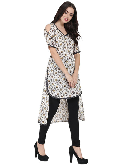 Off white printed half sleeve cotton low high kurta