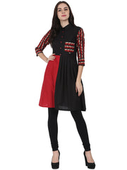 Black printed 3/4th sleeve cotton A-line kurta with pocket