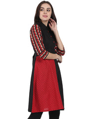 Black printed 3/4th sleeve cotton A-line kurta with pocket
