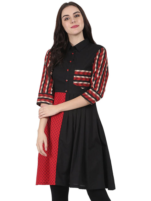Black printed 3/4th sleeve cotton A-line kurta with pocket