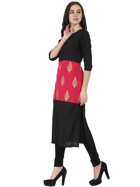 Black & red printed 3/4th sleeve cotton kurta