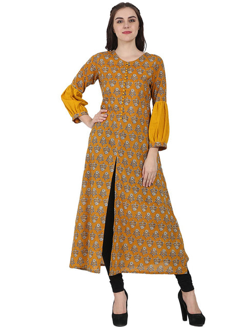 Yellow printed full sleeve cotton A-line kurta with centre slit