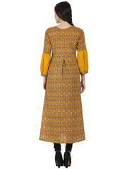 Yellow printed full sleeve cotton A-line kurta with centre slit