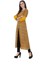 Yellow printed full sleeve cotton A-line kurta with centre slit