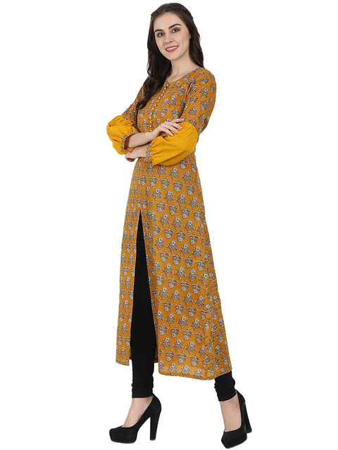 Yellow printed full sleeve cotton A-line kurta with centre slit