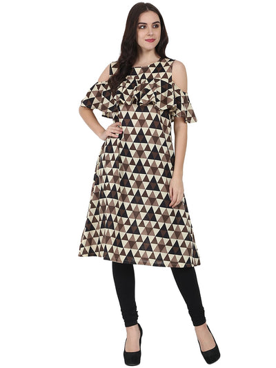 Brown printed half sleeve cold shoulder cotton A-line kurta
