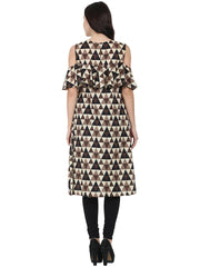 Brown printed half sleeve cold shoulder cotton A-line kurta