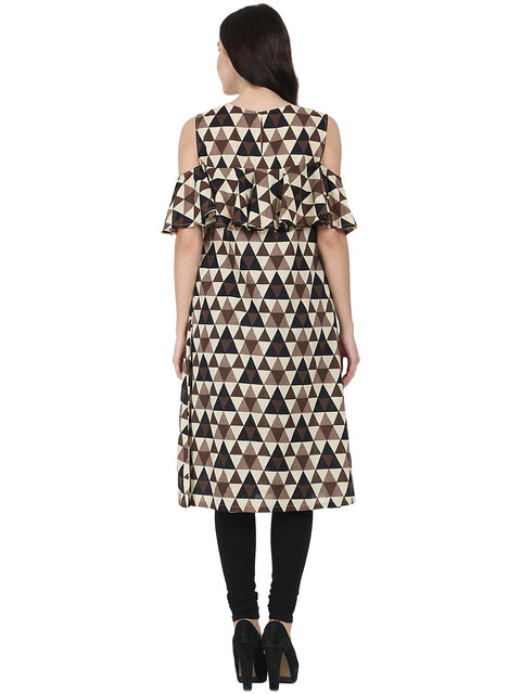 Brown printed half sleeve cold shoulder cotton A-line kurta