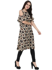 Brown printed half sleeve cold shoulder cotton A-line kurta