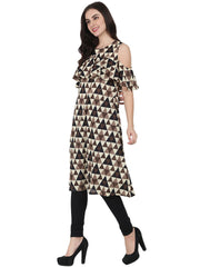 Brown printed half sleeve cold shoulder cotton A-line kurta