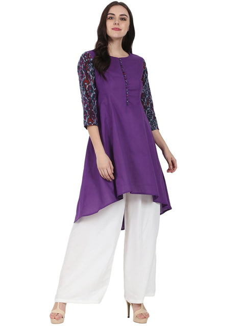 Purple 3/4th sleeve cotton A-line kurta
