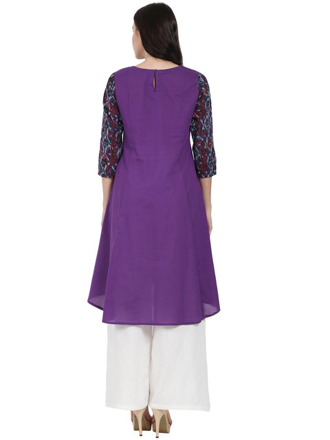 Purple 3/4th sleeve cotton A-line kurta