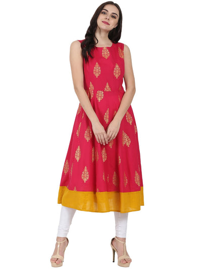 Red printed sleeveless cotton Anarkali kurta