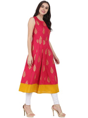 Red printed sleeveless cotton Anarkali kurta
