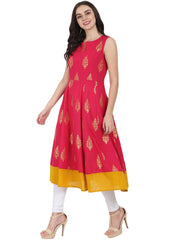 Red printed sleeveless cotton Anarkali kurta