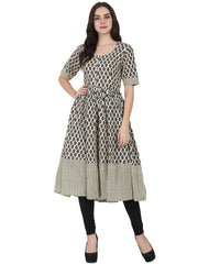 Beige & Blue printed half sleeve cotton Anarkali kurta