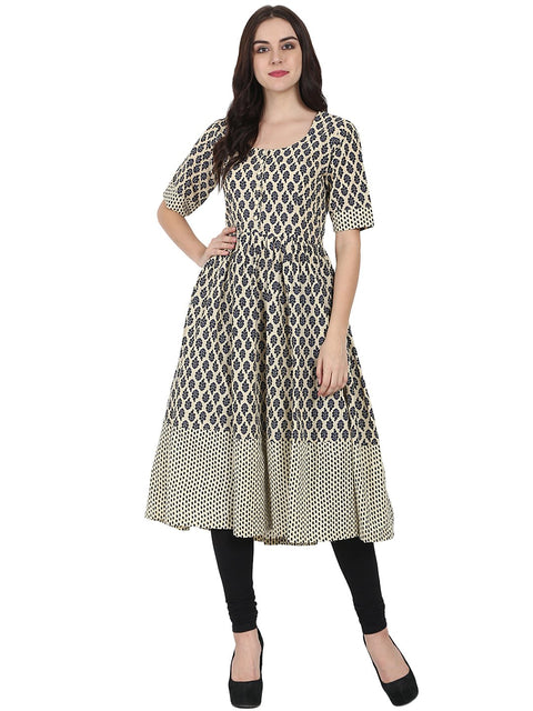 Beige & Blue printed half sleeve cotton Anarkali kurta