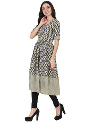 Beige & Blue printed half sleeve cotton Anarkali kurta