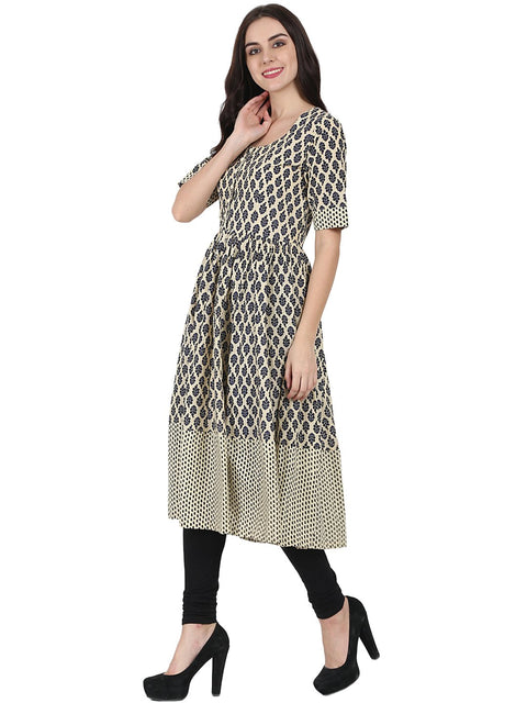 Beige & Blue printed half sleeve cotton Anarkali kurta