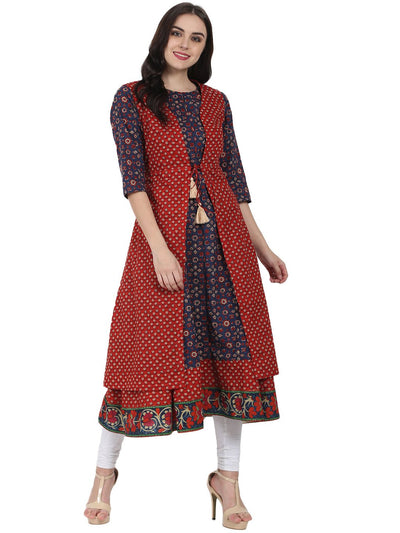 Blue printed 3/4th sleeve cotton anarkali kurta with red printed sleeveless long jacket