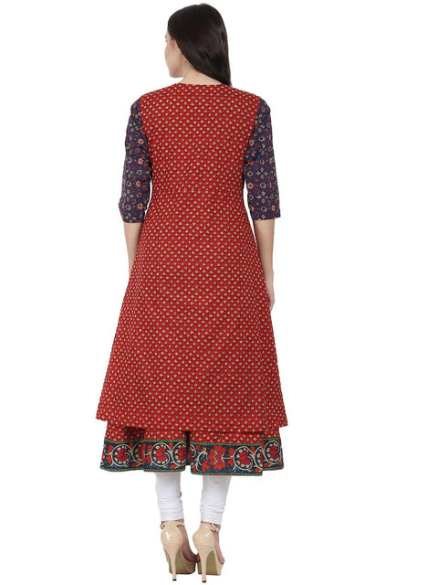 Blue printed 3/4th sleeve cotton anarkali kurta with red printed sleeveless long jacket