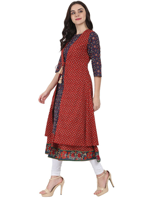 Blue printed 3/4th sleeve cotton anarkali kurta with red printed sleeveless long jacket