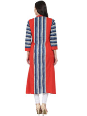 Blue & Red printed 3/4th sleeve long cotton kurta