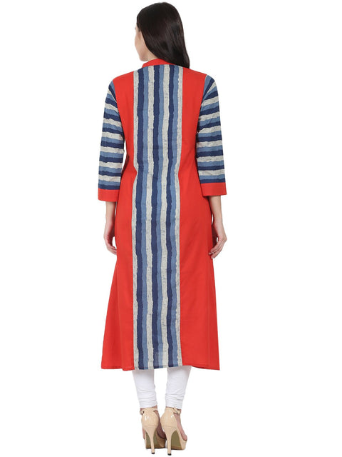 Blue & Red printed 3/4th sleeve long cotton kurta