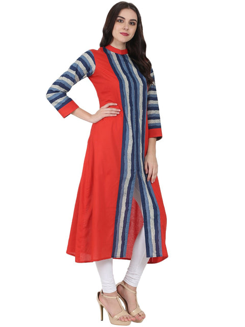Blue & Red printed 3/4th sleeve long cotton kurta